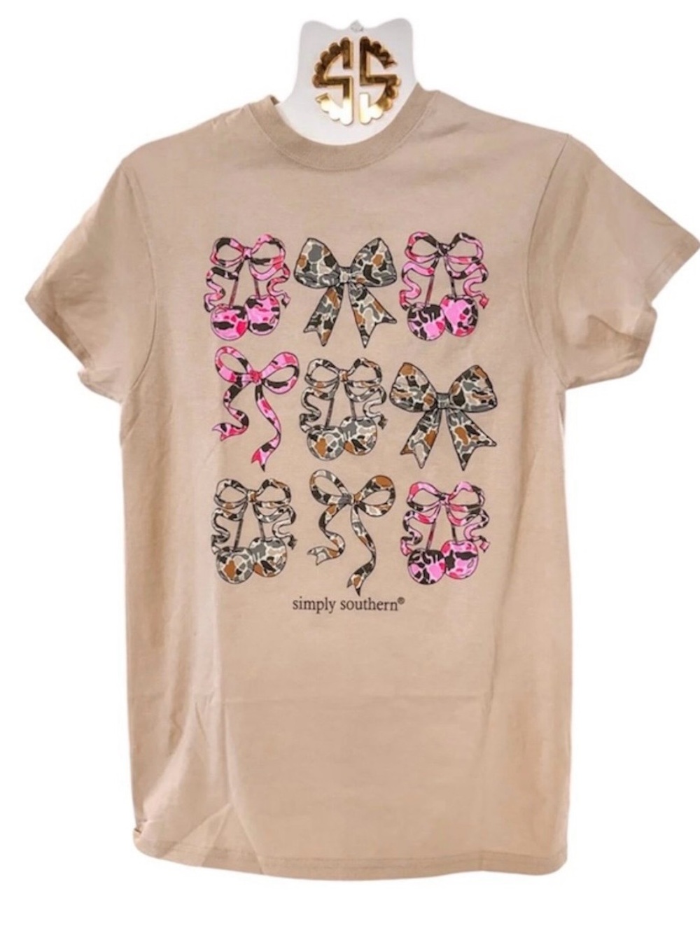 Simply Southern Cherry Bow Camo Tee Women’s XXL  Pink Bows T-shirt NEW Shirt